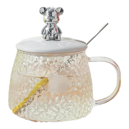 高颜值小熊玻璃水杯咖啡奶茶杯带盖家用喝水杯子耐高温办公室茶杯 锤纹杯+银小熊盖+勺子