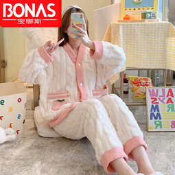 宝娜斯（BONAS）法兰绒绒睡衣两件套女士秋冬季加厚加绒保暖可爱毛绒宽松家居 水蜜桃-套装 L 码(建议90-120斤)