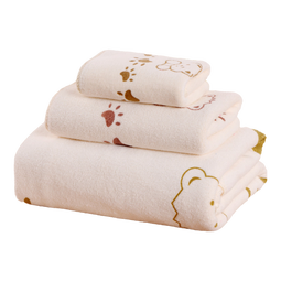 家用浴巾三件套超细纤维儿童卡通小熊洗脸毛巾轻薄透气柔软吸水 米色小熊【方巾+毛巾+浴巾】三件套
