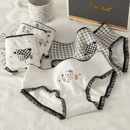 卡拉美拉纯棉内裤女透气三角裤甜美清新女士短裤少女大童内裤 黑白蕾丝卡通款混色 3条 均码 （适合85-120斤）