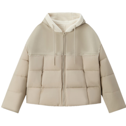 森马（Semir）棉服女拼接宽松棉衣复古时尚2024冬季新款毛绒连帽面包服潮流 灰色调00322 XS