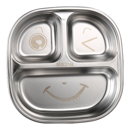 韩笑食品级316不锈钢儿童宝宝分格餐盘带吸盘式一体婴儿辅食盘学吃饭 【316钢】圆角三格