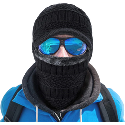 帽子男冬天护耳加绒毛线帽围脖一体加厚骑行户外帽男帽护颈连体帽 黑色