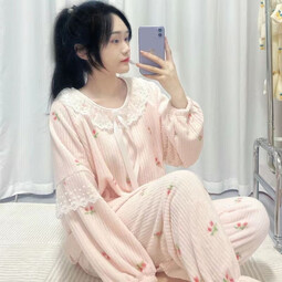 宝娜斯（BONAS）可爱花边睡衣宽松甜美法兰绒印花蝴蝶结加厚居家服可外穿套装 粉红色 均码 （适合80-140）