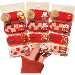 可爱新年红色毛绒发夹女秋冬2025新款侧边刘海夹儿童bb夹发卡头饰 02【福袋】