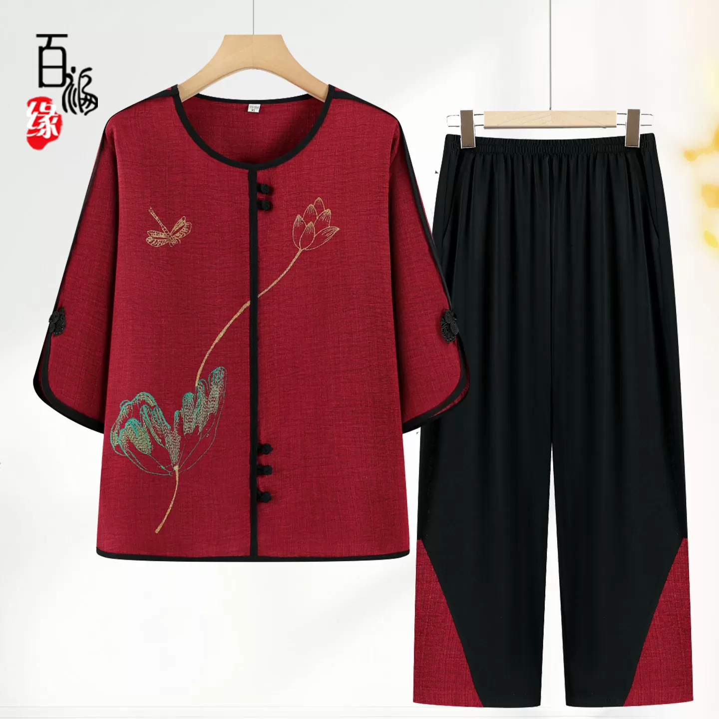 中老年人夏装套装女新款国风奶奶短袖两件套大码妈妈T恤太太衣服