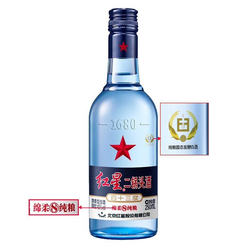 红星红星二锅头蓝瓶绵柔8陈酿清香型白酒43度250ml6瓶整箱装