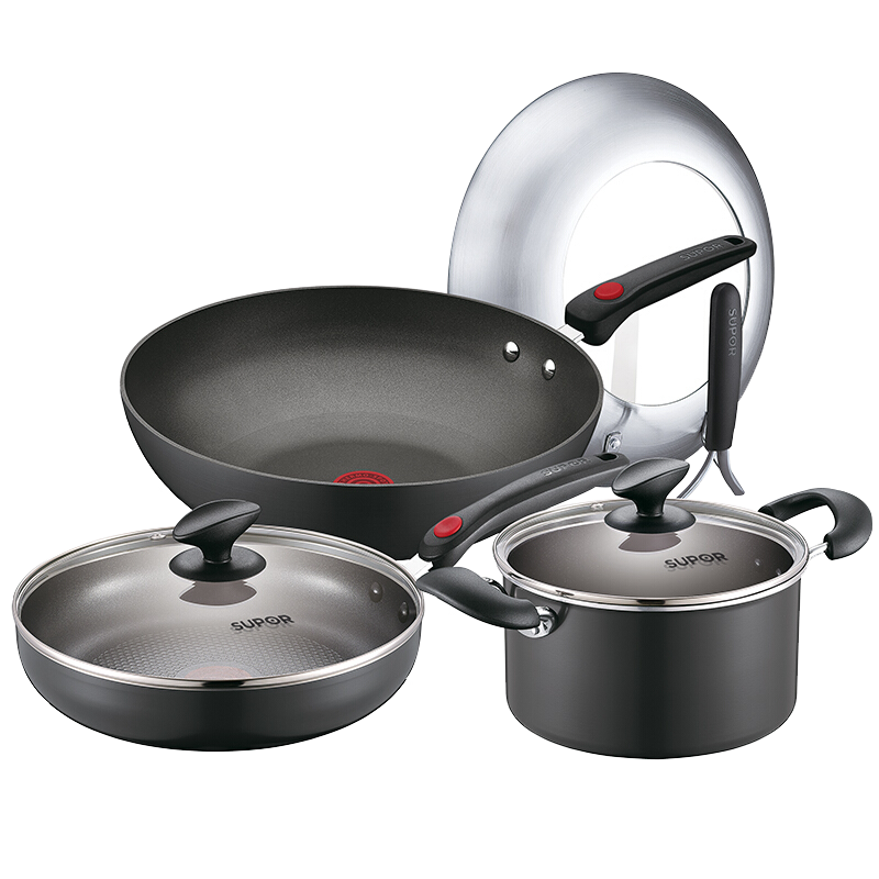 苏泊尔supor锅具套装不粘锅三件套炒锅汤锅煎锅厨具套装火红点系列