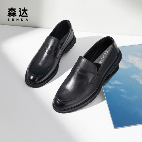 森达男鞋新款时尚简约一脚蹬头层皮舒适商务通勤休闲皮鞋z0936am2黑色