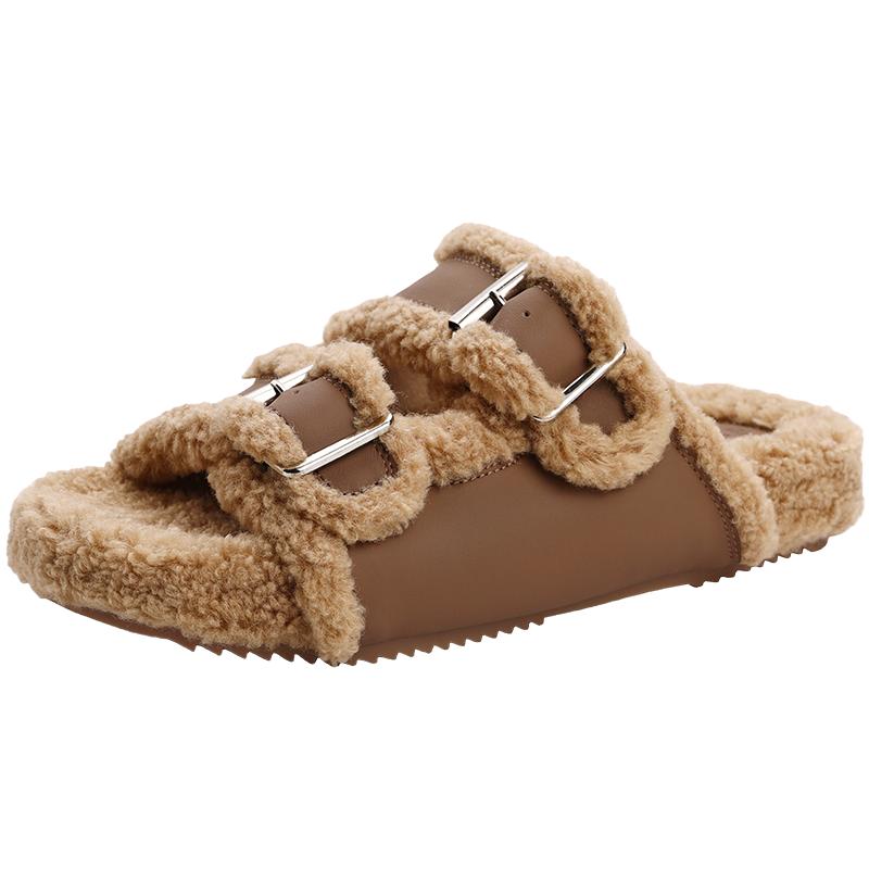 百丽女休闲女鞋慵懒外穿毛毛拖鞋