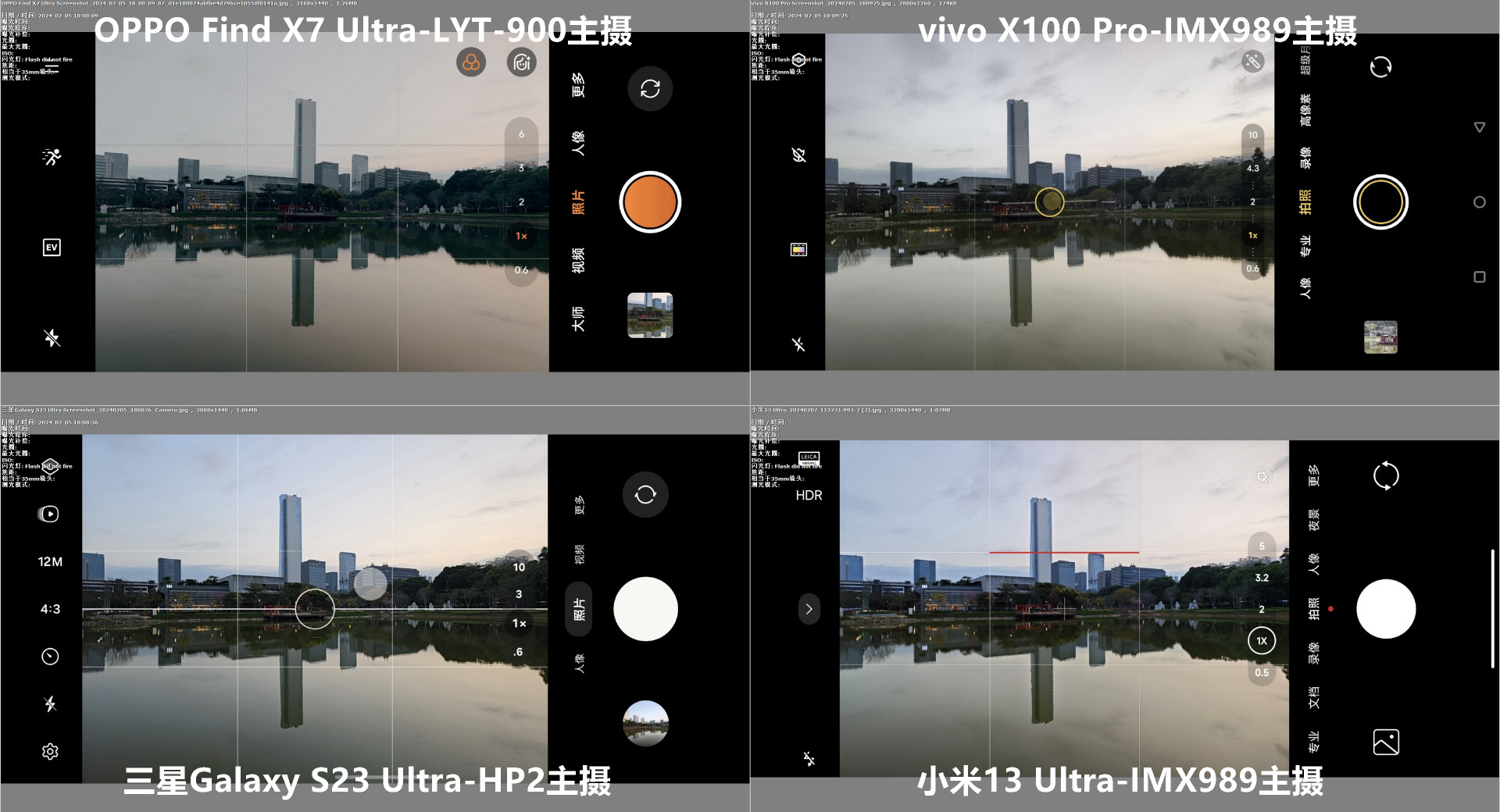 角度刁钻，OPPO Find X7 Ultra、vivo X100 Pro、小米13U和三星S23U取景框与高像素模式对比