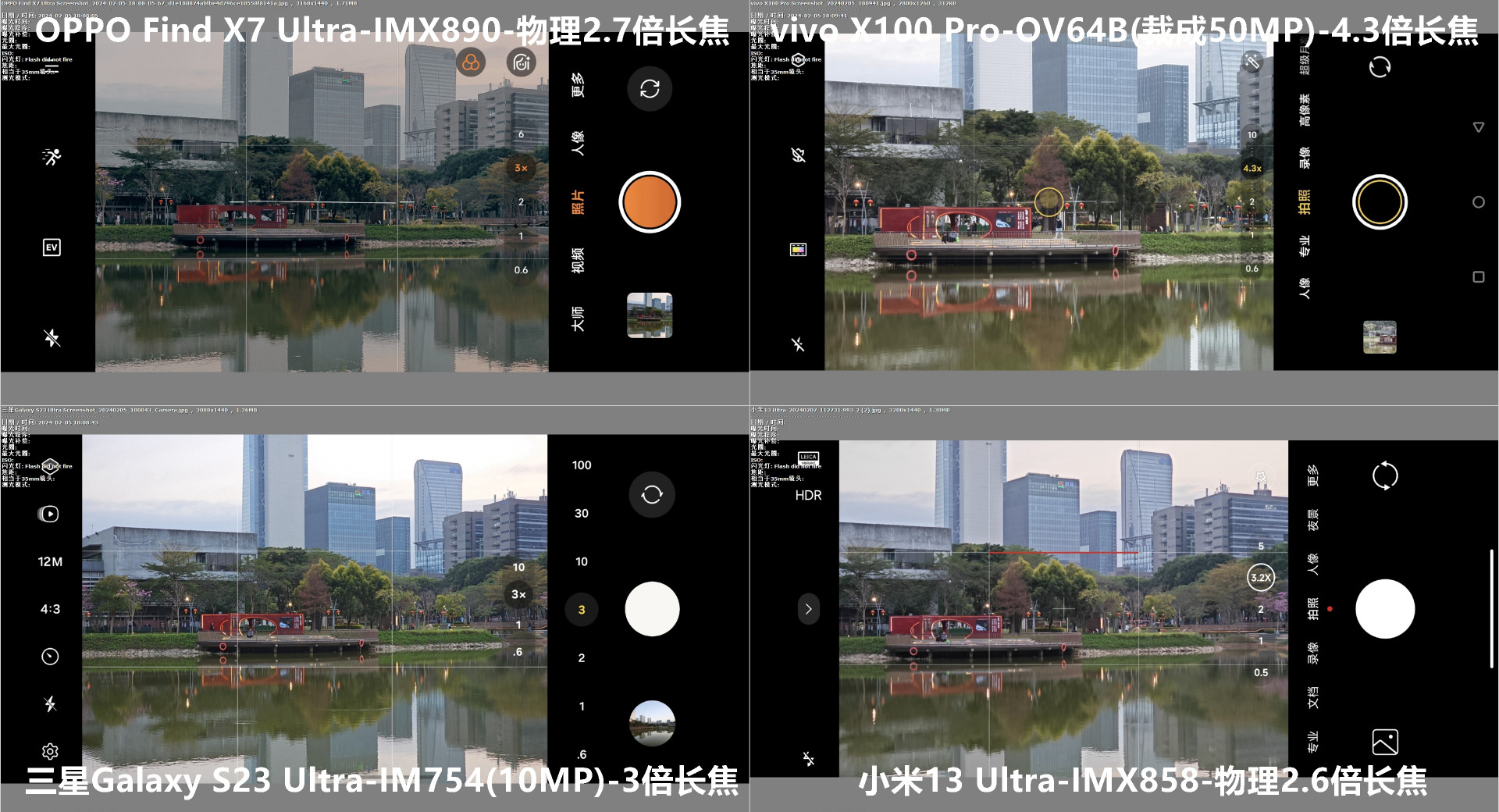 角度刁钻，OPPO Find X7 Ultra、vivo X100 Pro、小米13U和三星S23U取景框与高像素模式对比