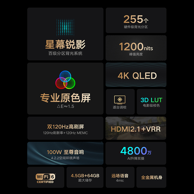 小米电视6 75英寸至尊版4KQLED超高清百级分区双摄像头高刷原色屏