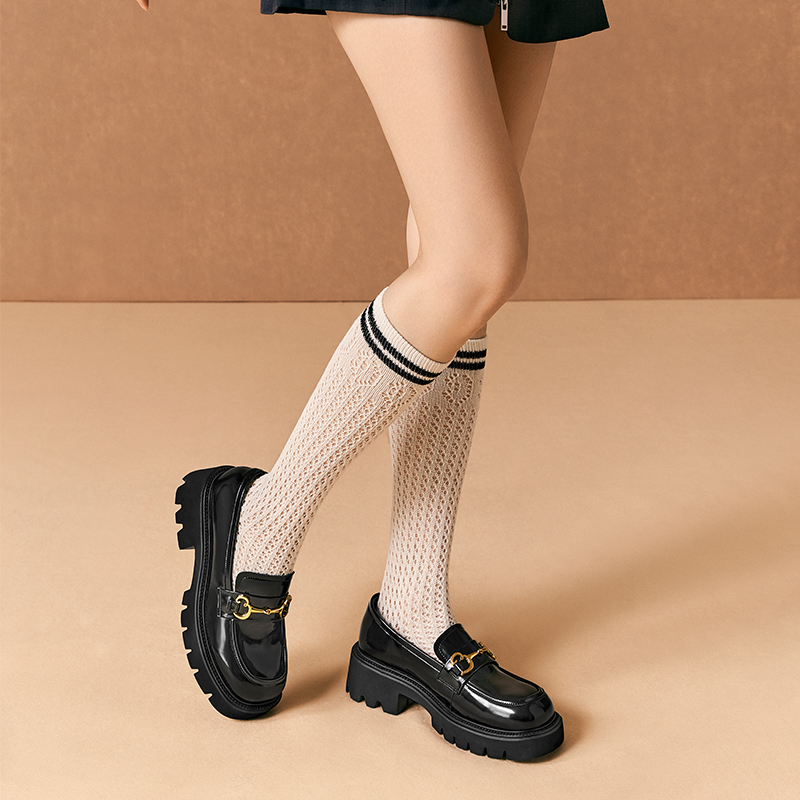 百丽JK乐福鞋新款女鞋商场鞋子黑色小皮鞋厚底真皮单鞋Z1R1DAA3