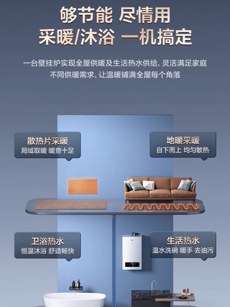 美的天然气壁挂炉采暖家用一级冷凝双变频燃气锅炉两用热水器R53