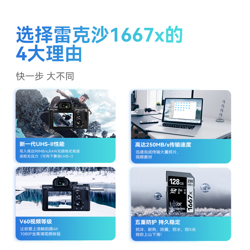 雷克沙128G sd卡V60专用高速SD卡单反内存卡数码存储1667x
