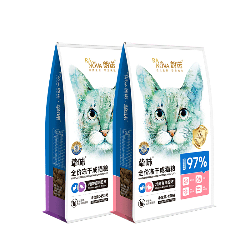 朗诺全价冻干猫主粮猫粮鸡肉三文鱼兔肉鹌鹑营养成猫粮450g*2袋