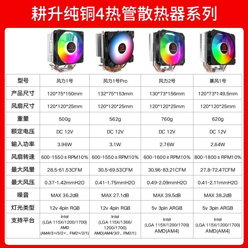 耕升风力1号/风力2号暴风1号风冷台式四热管Intel/AMD塔式散热器