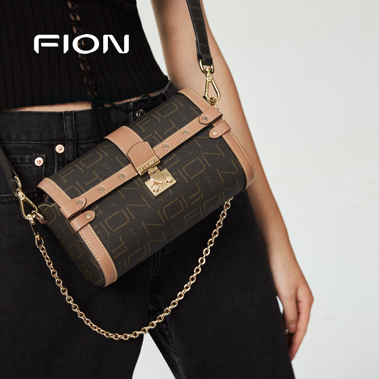 Fion/菲安妮老花波士顿包23款枕头包 轻奢品牌女款小众斜挎包包女