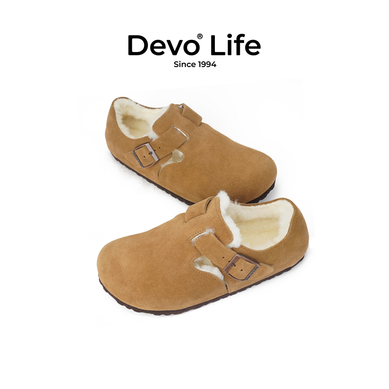 Devo/的沃软木秋冬加绒女鞋保暖冬季皮毛一体棉鞋全包真皮毛毛鞋