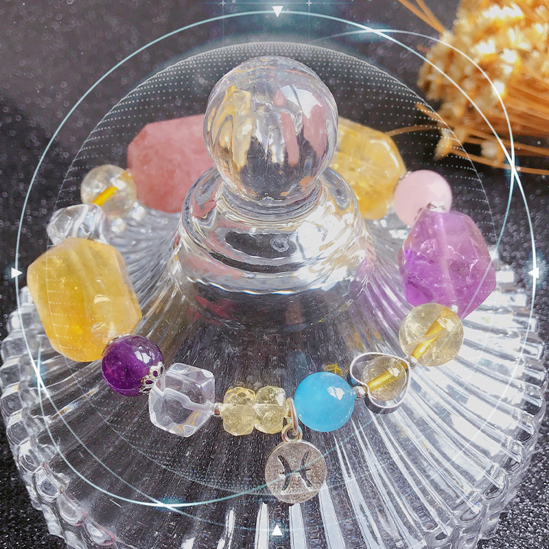 双鱼座紫水晶手链女天然粉色草莓海蓝宝天河石手串