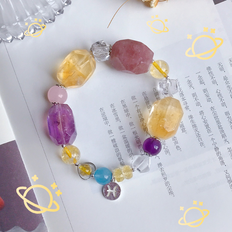 双鱼座紫水晶手链女天然粉色草莓海蓝宝天河石手串
