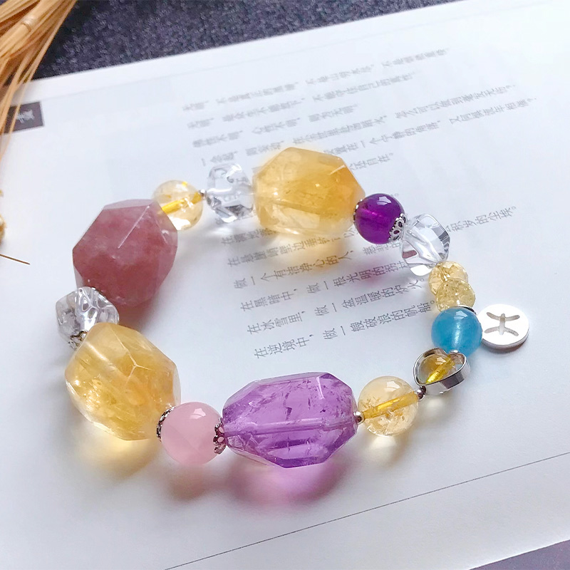 双鱼座紫水晶手链女天然粉色草莓海蓝宝天河石手串