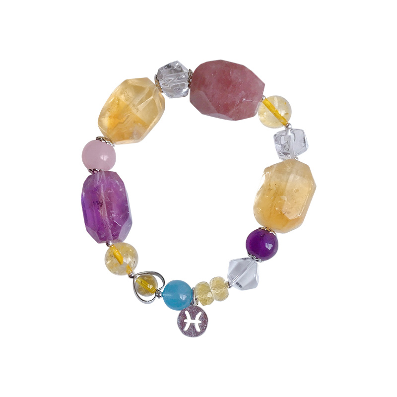 双鱼座紫水晶手链女天然粉色草莓海蓝宝天河石手串