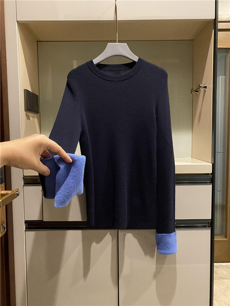 简洁好搭真心推荐 翻边拼色袖羊绒衫女圆领纯羊绒毛衣修身打底衫