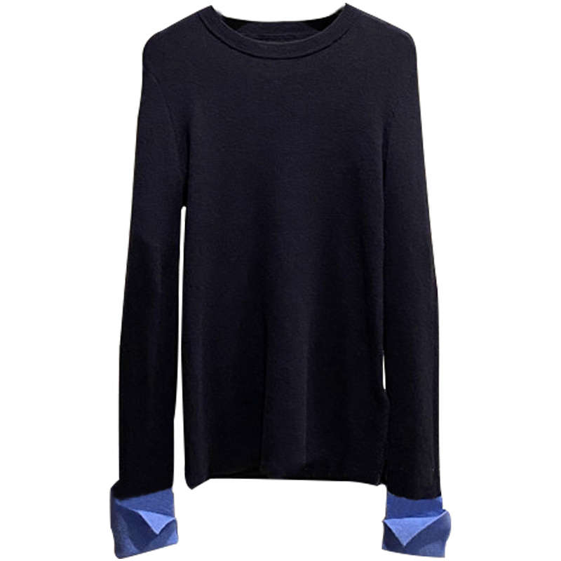 简洁好搭真心推荐 翻边拼色袖羊绒衫女圆领纯羊绒毛衣修身打底衫