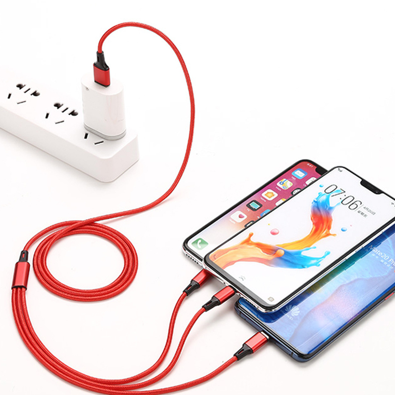 2.4A尼龙编织快充数据线1拖3适用于安卓TYPE-C苹果华为小米6A三合一