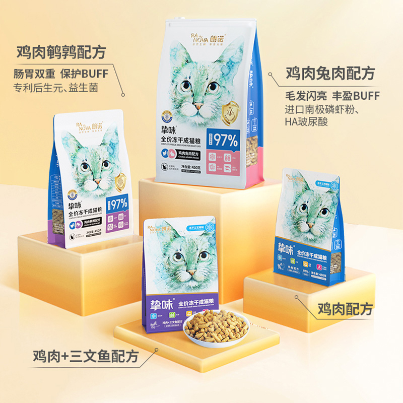朗诺全价冻干猫主粮猫粮鸡肉三文鱼兔肉鹌鹑营养成猫粮450g*2袋
