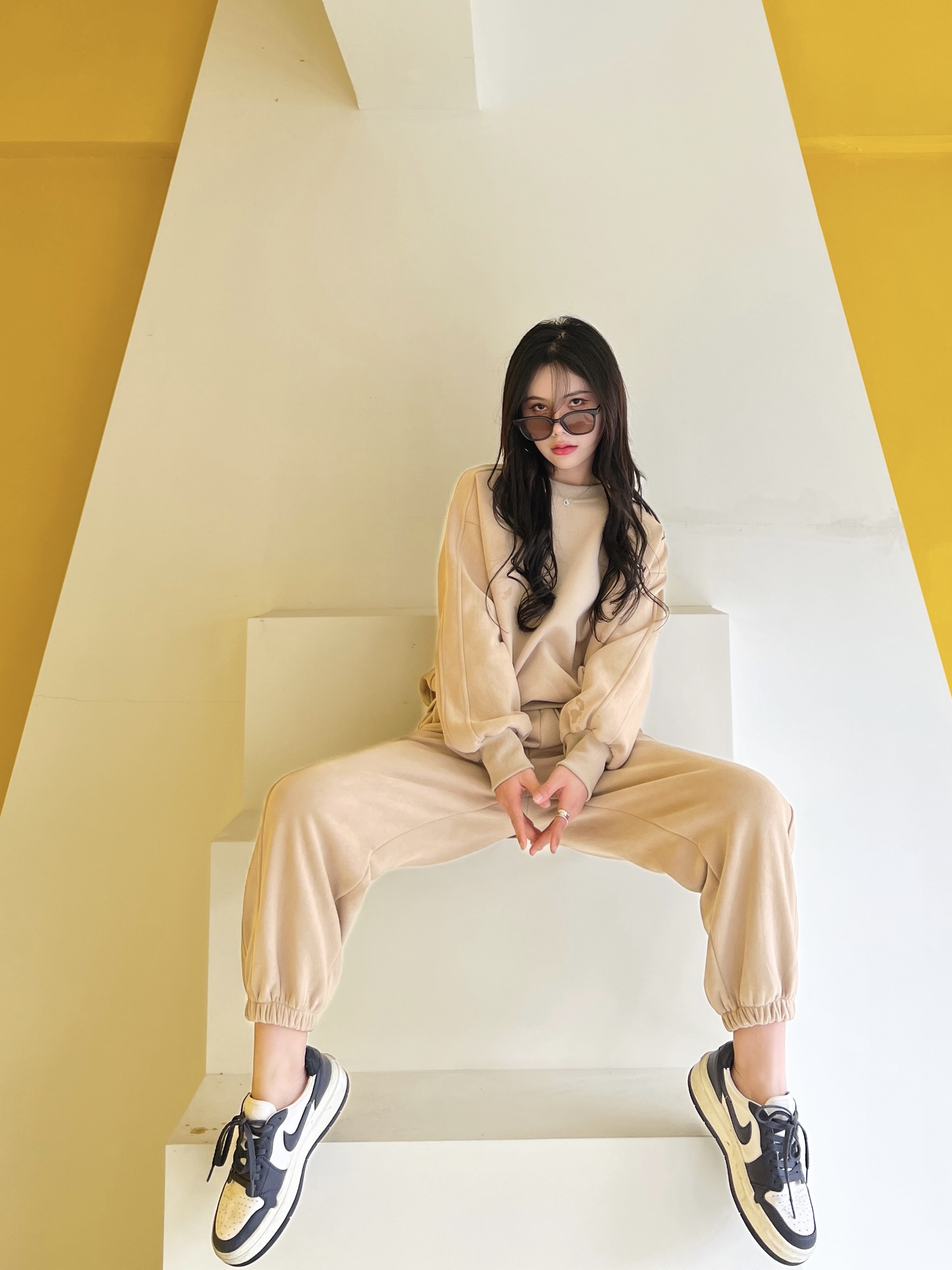 BW 2023休闲套装运动女装粉色黑色卡其运动加绒慵懒风卫衣套装女