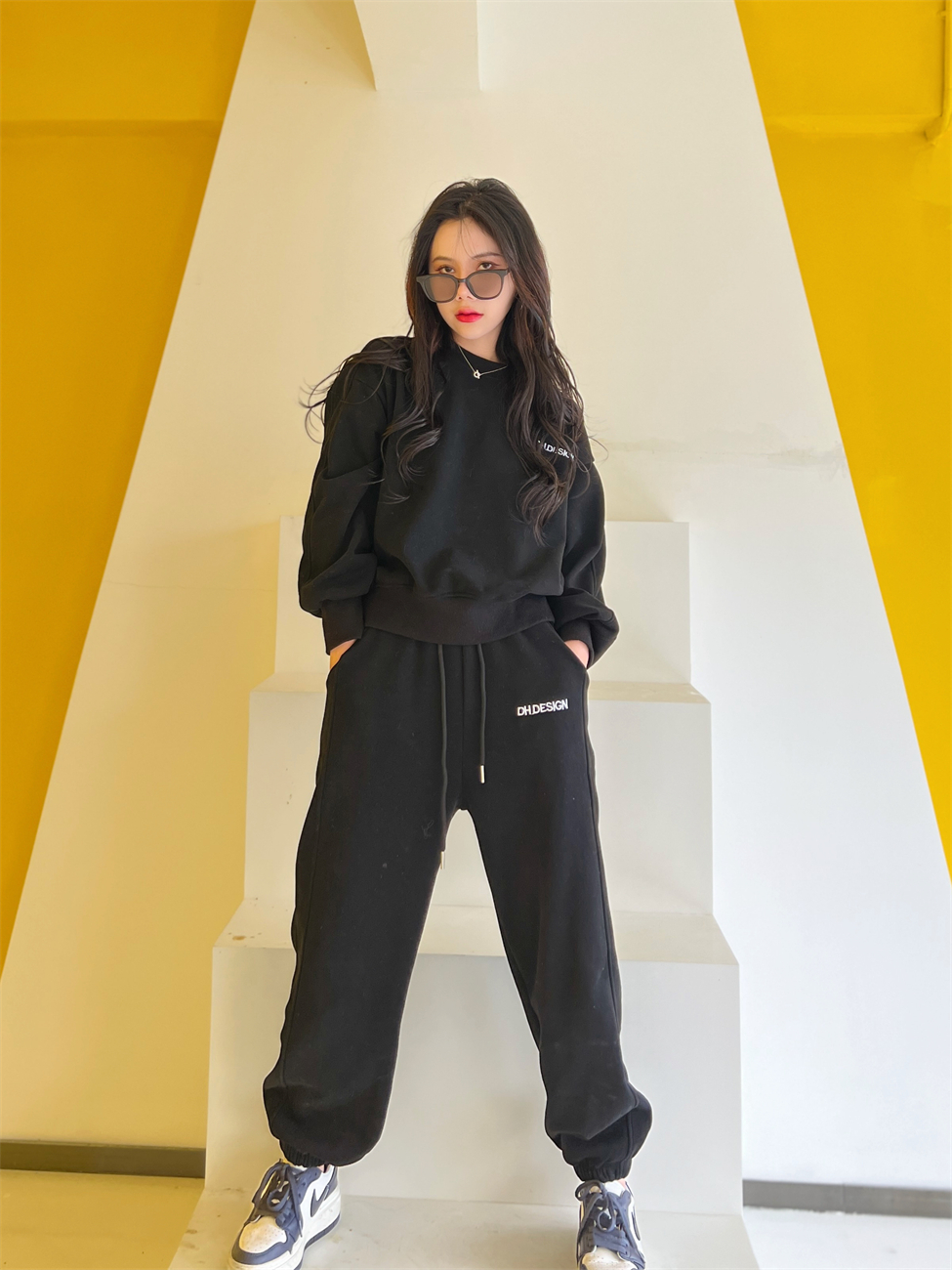 BW 2023休闲套装运动女装粉色黑色卡其运动加绒慵懒风卫衣套装女