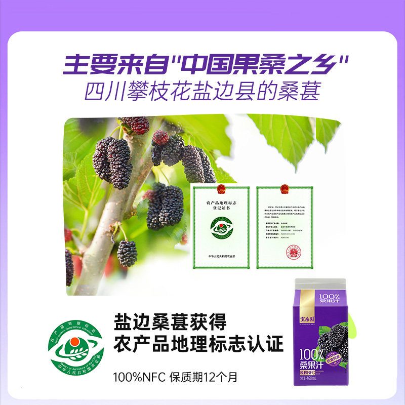 宝桑园100%桑葚汁NFC果汁468ml*12盒农科甄选纯桑果汁果蔬饮礼盒