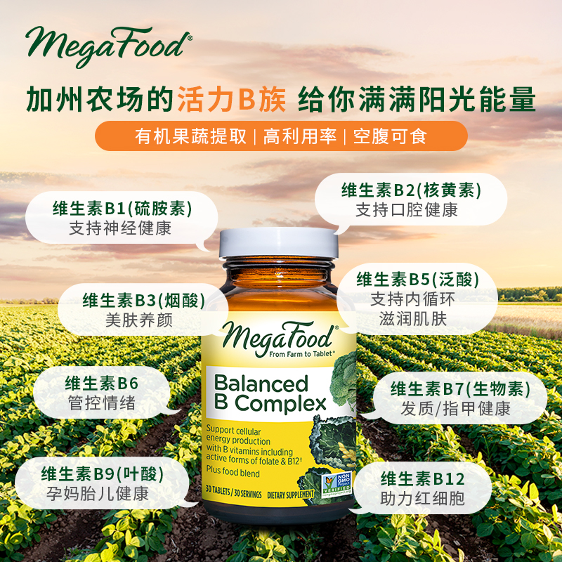 MegaFood维B成人b族复合维生素vb补充能力精力/b1/b2/b6/b12 30片