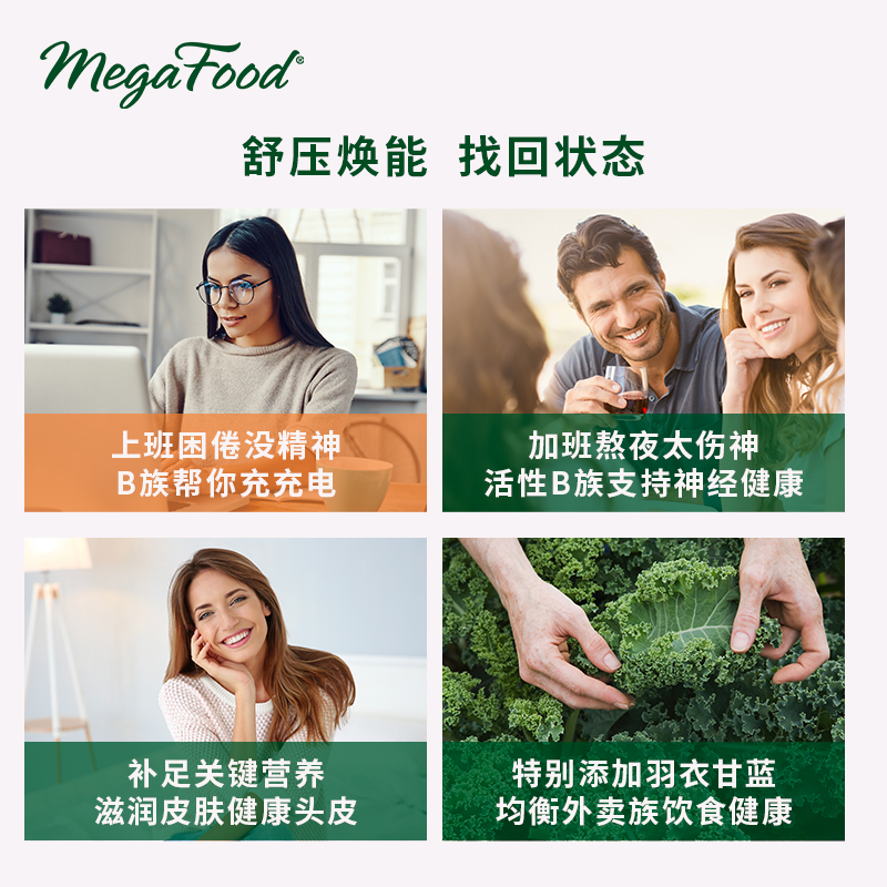 MegaFood维B成人b族复合维生素vb补充能力精力/b1/b2/b6/b12 30片