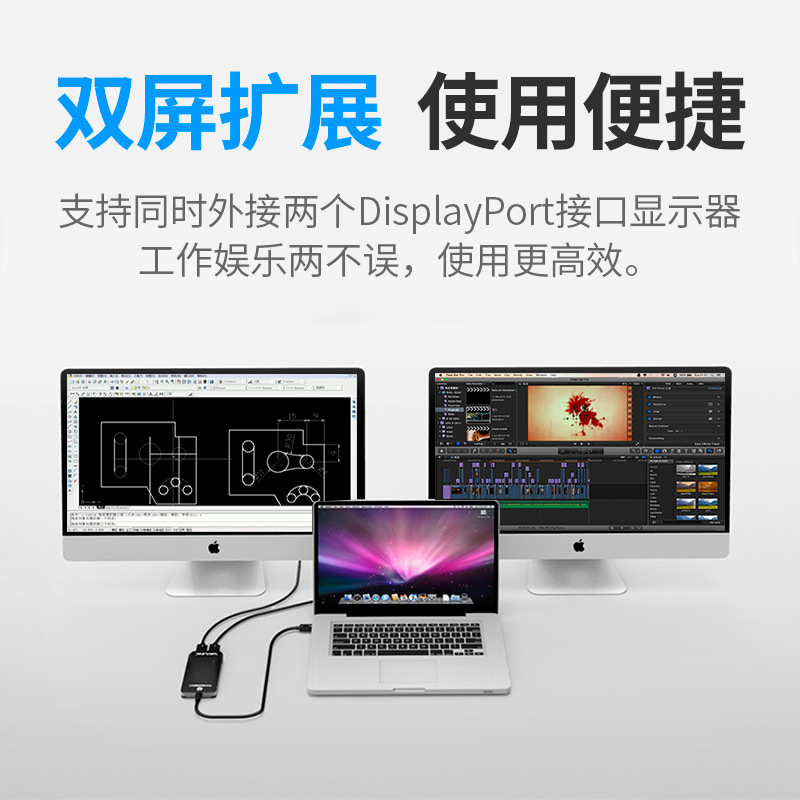 雷电3转DP接口一拖二双显卡4K 5K分辨率睿因40Gbps传输USB-C免驱