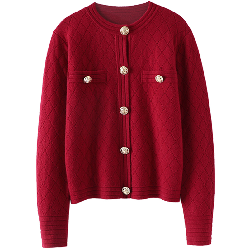 重磅加厚!太美了~显瘦圆领金扣短款羊绒开衫女纯羊绒衫毛衣外套