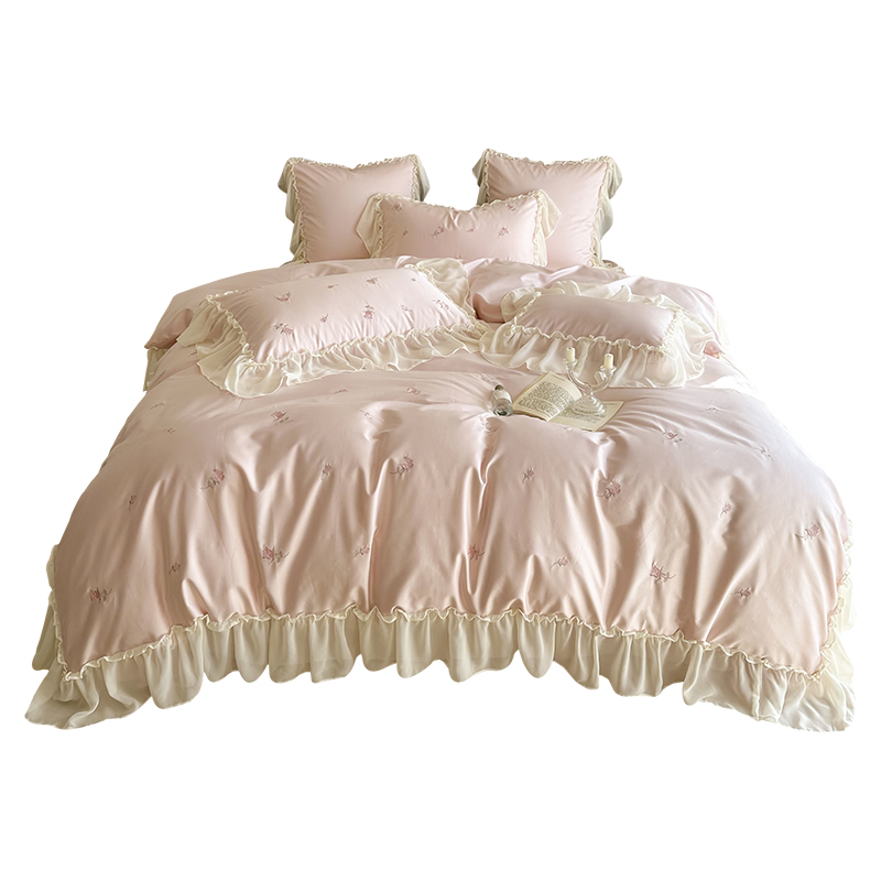公主风100S高支长绒棉四件套少女心刺绣花边纯棉被套1.8床上用品