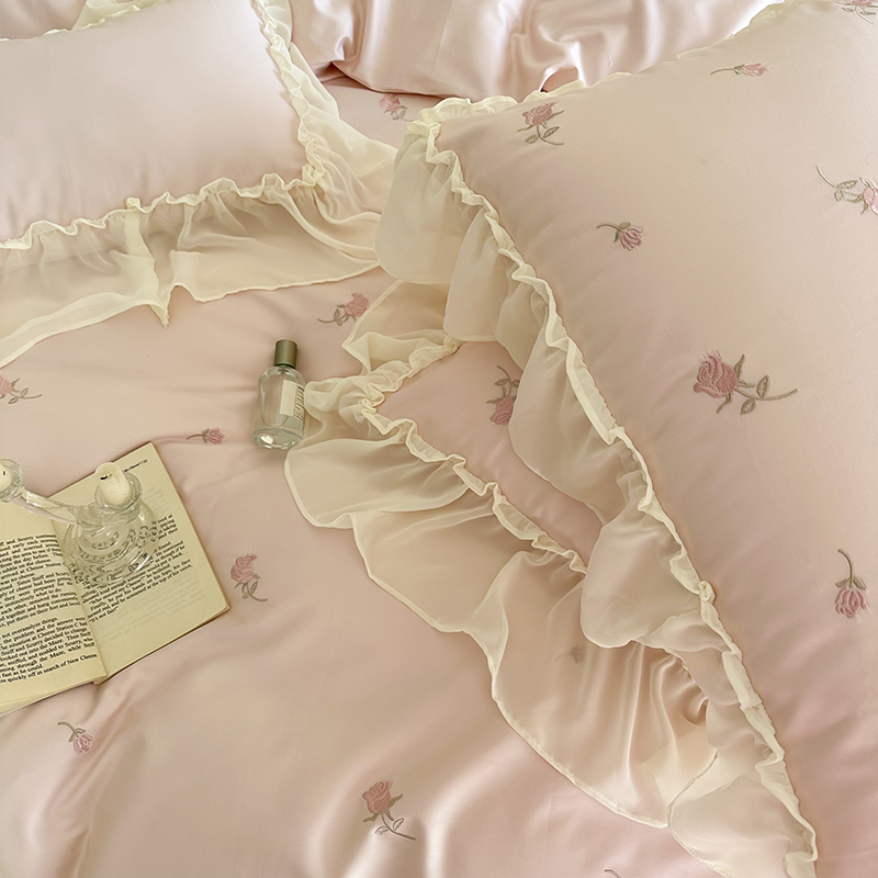 公主风100S高支长绒棉四件套少女心刺绣花边纯棉被套1.8床上用品