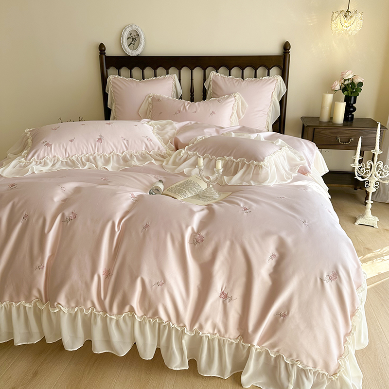 公主风100S高支长绒棉四件套少女心刺绣花边纯棉被套1.8床上用品