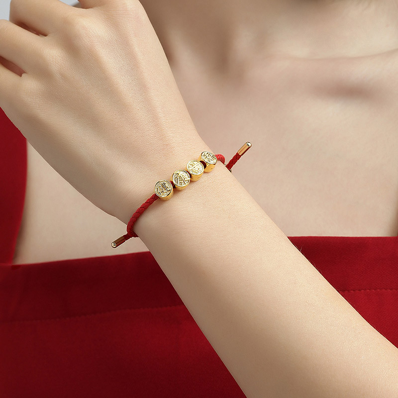 明牌珠宝硬金手串 黄金转运珠串珠平安喜乐祝福DIY文字AFP0450