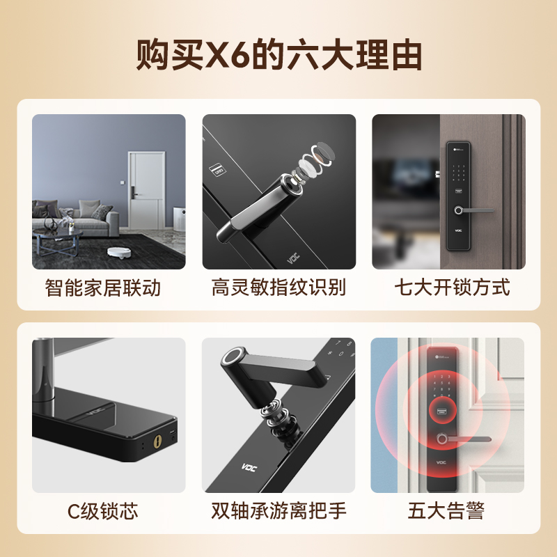 VOC电子门锁家用智能锁防盗门指纹解锁密码锁智能门锁X6锁指纹锁