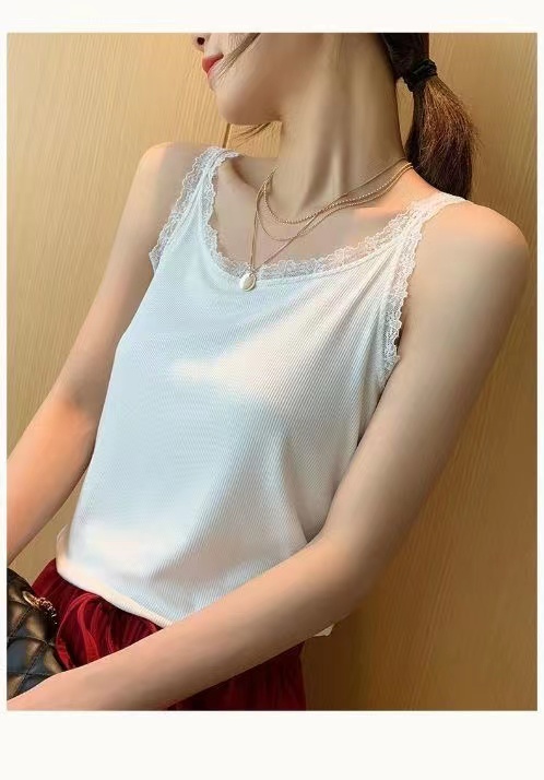 新款罗纹纯色蕾丝吊带背心女修身美背性感内外穿莫代尔百搭春夏秋