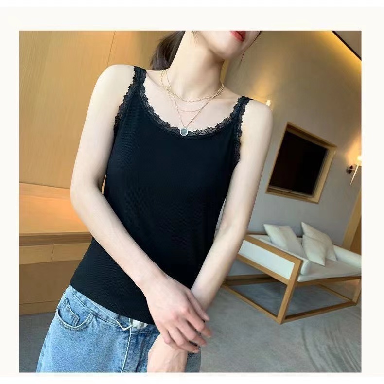 新款罗纹纯色蕾丝吊带背心女修身美背性感内外穿莫代尔百搭春夏秋