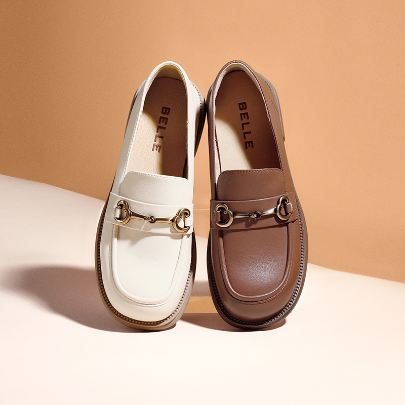 百丽复古乐福鞋女鞋新款鞋子女英伦风黑色小皮平底单鞋Z3B1DAA3