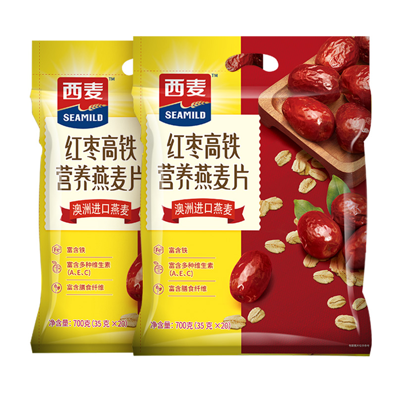 【品牌授权】西麦红枣高铁牛奶燕麦片700gx2袋便携装即食冲饮早餐