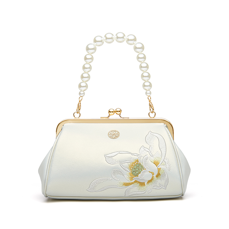 Pmsix复古优雅女包中年妈妈包绣花手挽包百搭旗袍包白色手机包小