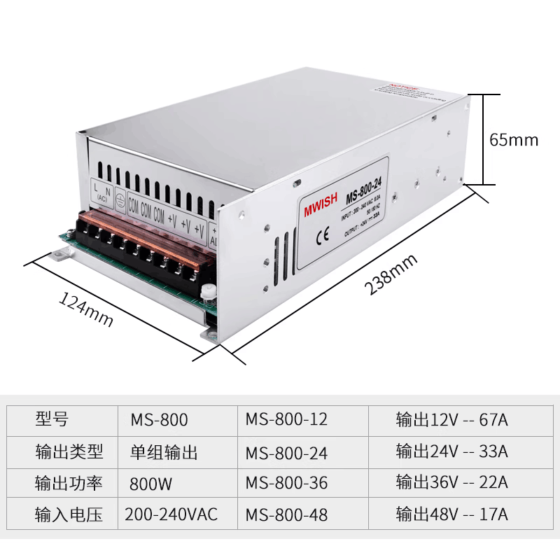 明伟大功率开关电源24V33A12V 36V 48V工业220v转DC变压器MS-800W